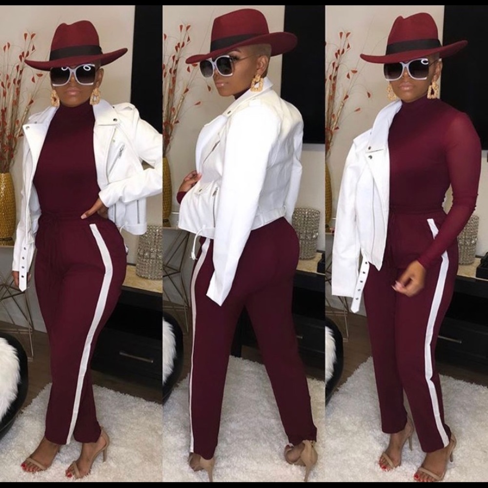 Burgundy Drawstring High Waist Pants